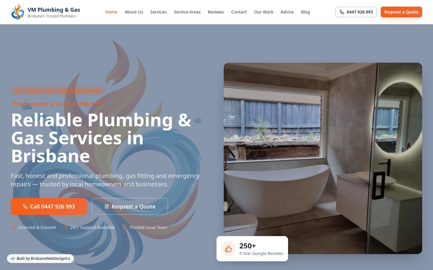VM Plumbing website homepage designed by Melbourne Web Design Co.
